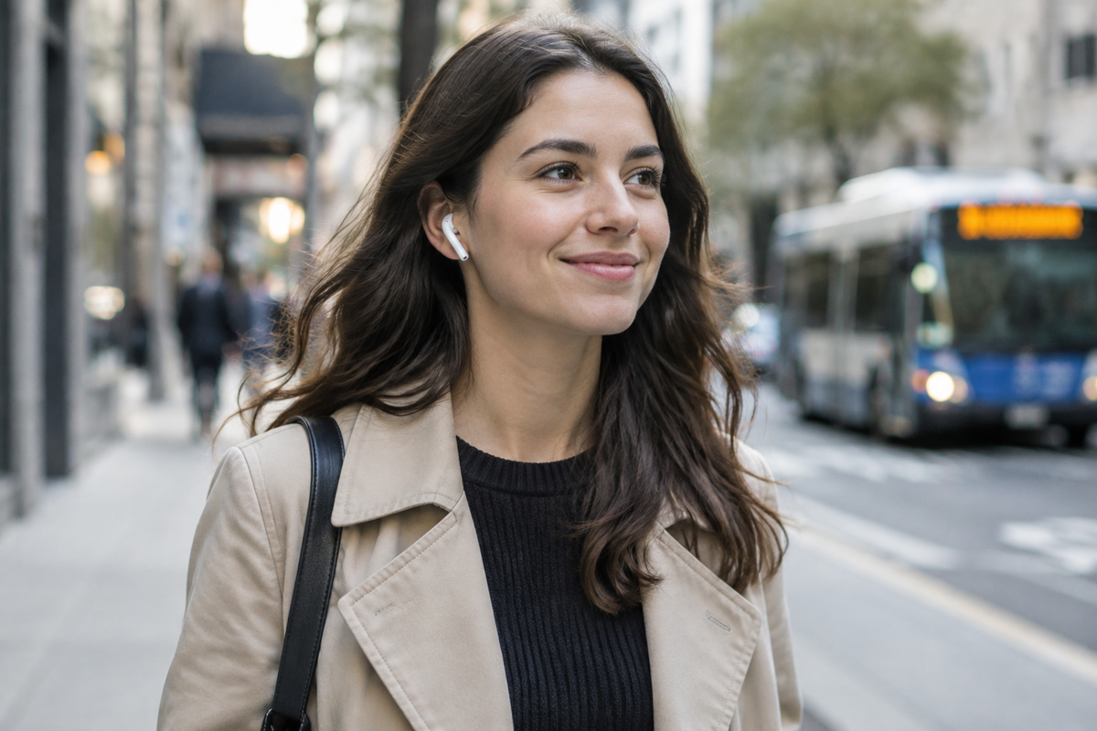 Woman wearing TWS E6S true wireless earbuds while commuting