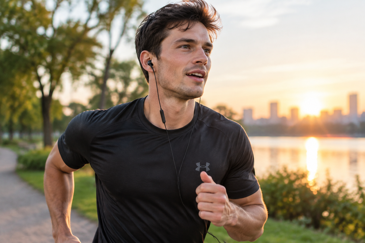 Man jogging outdoors wearing HiFi Bass wired earbuds